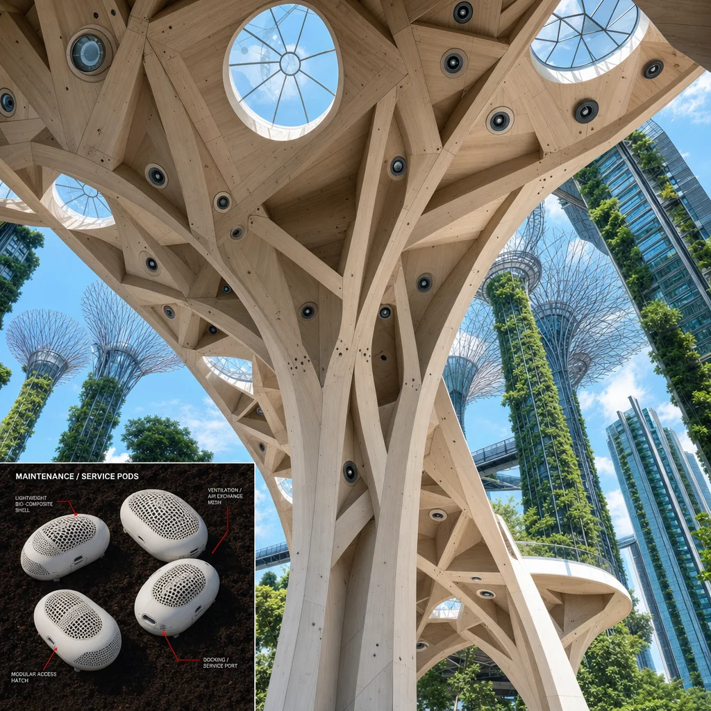 An upward view inside a pale wood structure with branching tree-like
ribs and circular skylights, lattice towers covered in greenery beyond,
and an inset technical diagram labelling maintenance service pods.