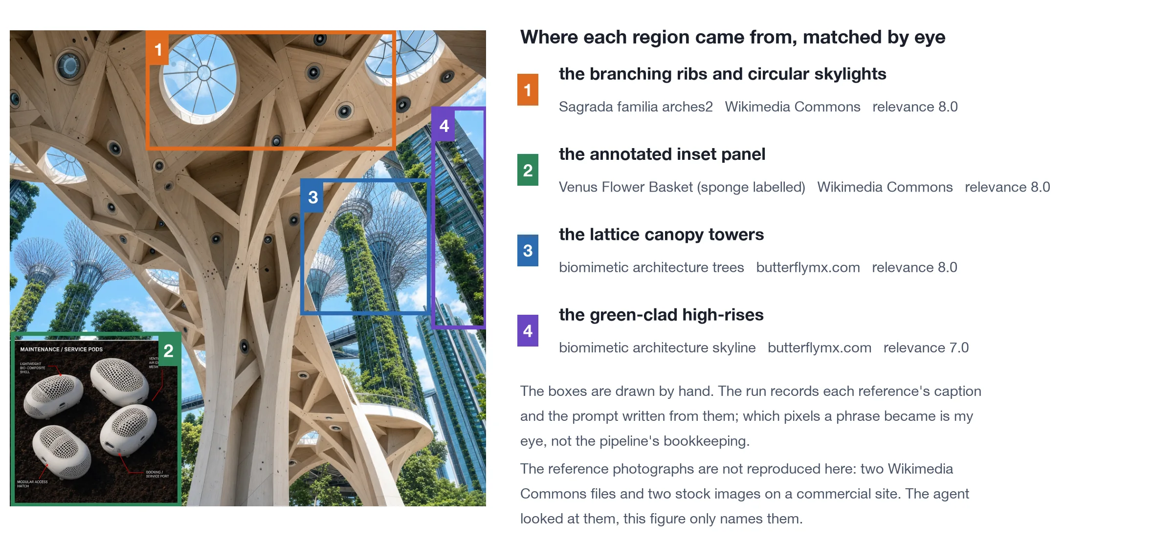 The generated image with four numbered boxes on it, headed 'Where each
region came from, matched by eye', each listed against a reference and
its score: branching wood ribs from a photo of Sagrada Familia arches,
the annotated pod inset from a labelled photograph of a Venus flower
basket sponge, the lattice towers and green-clad high-rises from two
photographs on a commercial site.