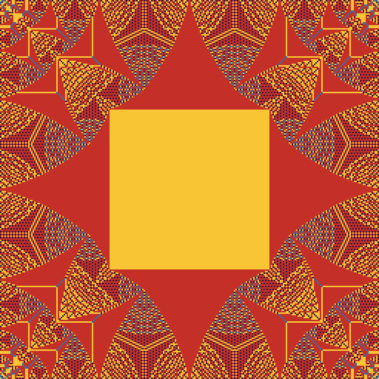A square fractal in red, gold, blue and purple radiating from a gold
centre.